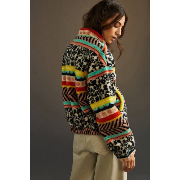 Anthropologie Maeve Lively Abstract Zip Sherpa Fleece Jacket Size Women XS Cozy - Picture 15 of 15